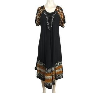 Sakkas Womens One Size Black Copper Batik Embroidered Lace Up Midi Dress 14403